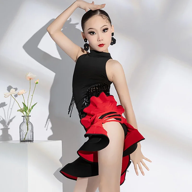 

Латинские танцы для девочек, профессиональные соревнования, современный вальс, социальная танцевальная одежда, кружевной комбинезон без рукавов с кисточками и юбка