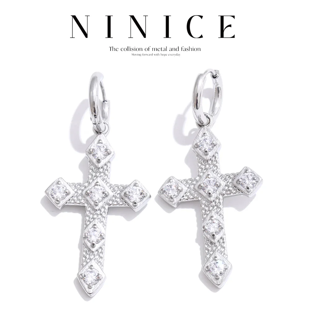 NiNice Women's Earrings Stainless Steel Classic Pendant Cubic Zirconia Cross Selected Jewelry Fashionable Gift New
