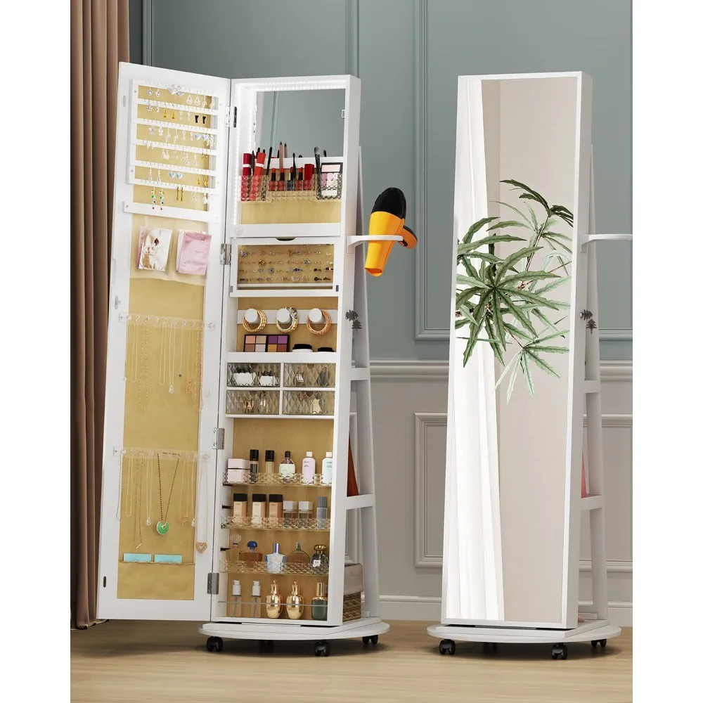 

Full Length Mirror with Jewelry Storage, 360° Rotating Jewelry Armoire Organizer with Lights, Lockable Mirror Jewelry Cabinet