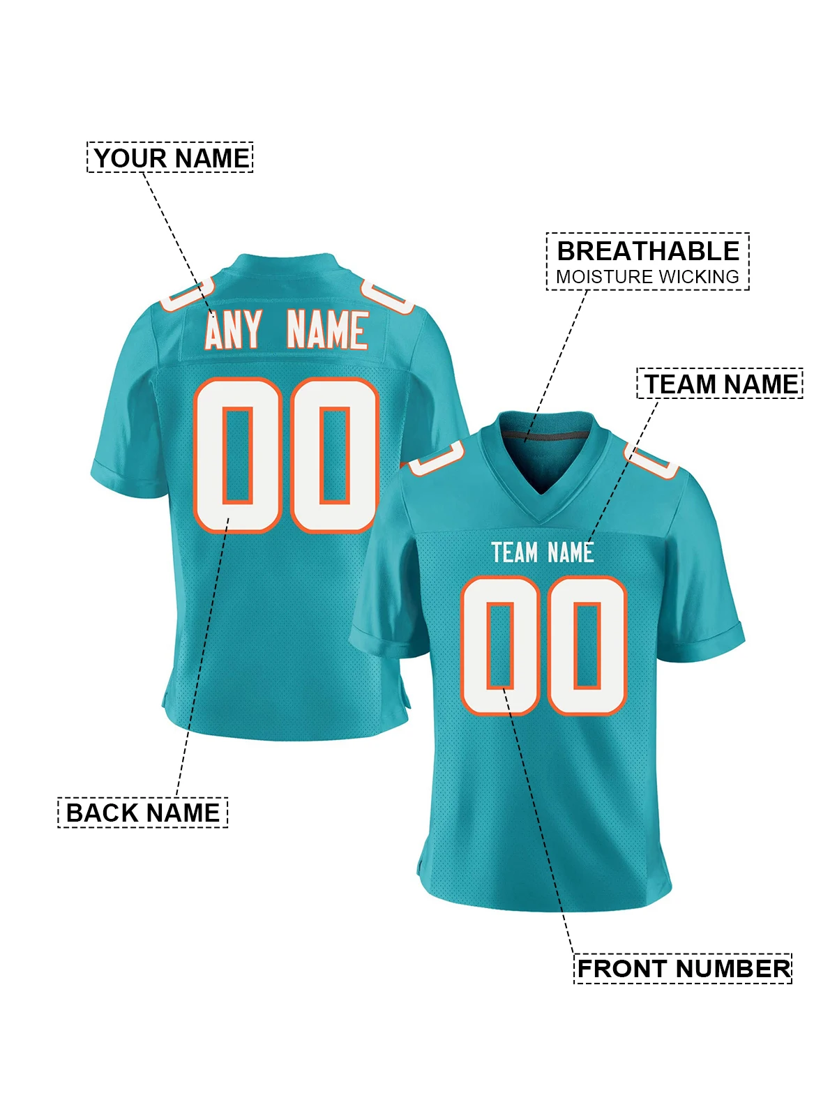 Personalized Aqua American Football Jersey Custom Printed Team Name Number for Men Women Kids Youth Football Uniform