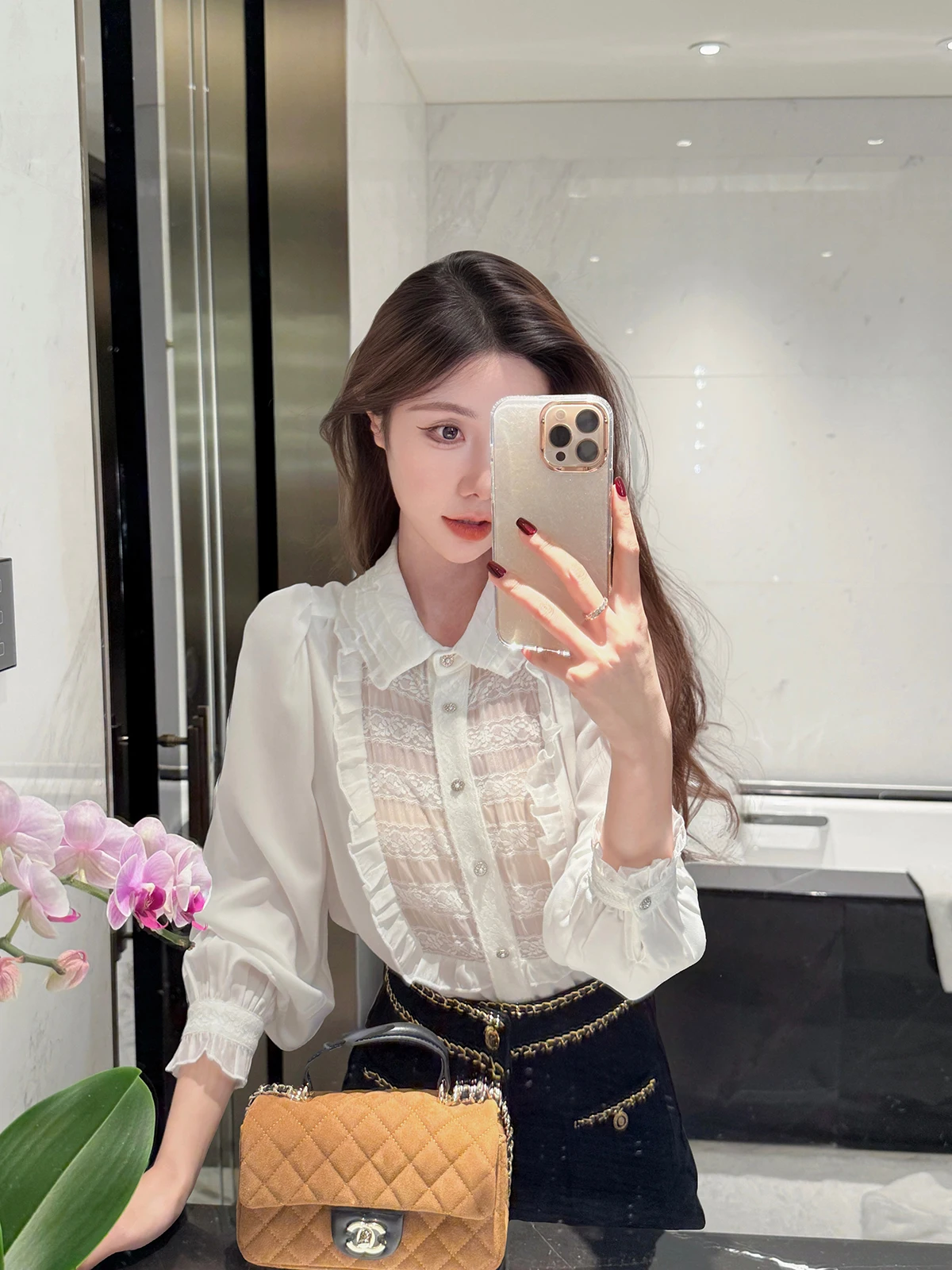 

Сексуальная кружевная белая блузка JustQin для женщин, осенне-зимняя новинка, приталенная, с длинным рукавом, однотонная, не требует глажки