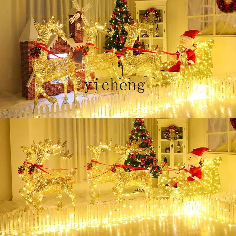 TQH Christmas luminous elk pull car wrought iron Santa decoration large ornaments sleigh car decoration scene arrangement