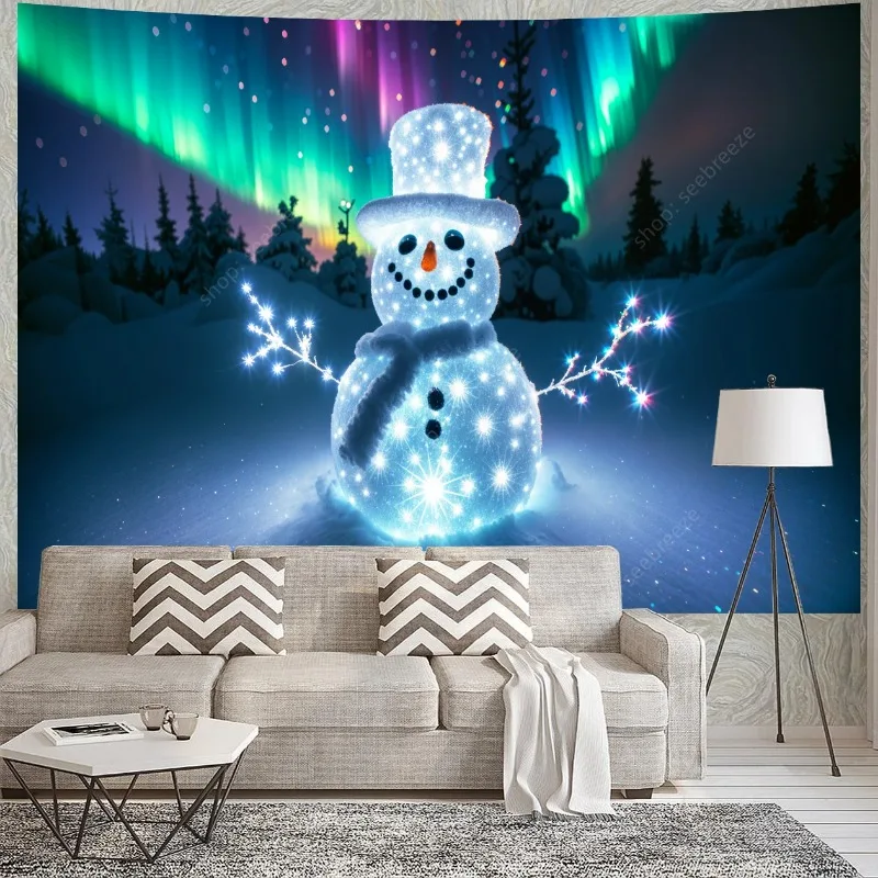 Enchanting polar lights Snowman Tapestry for Christmas Backdrop Decorative Props Home Wall Decor Christmas Gift for Friends