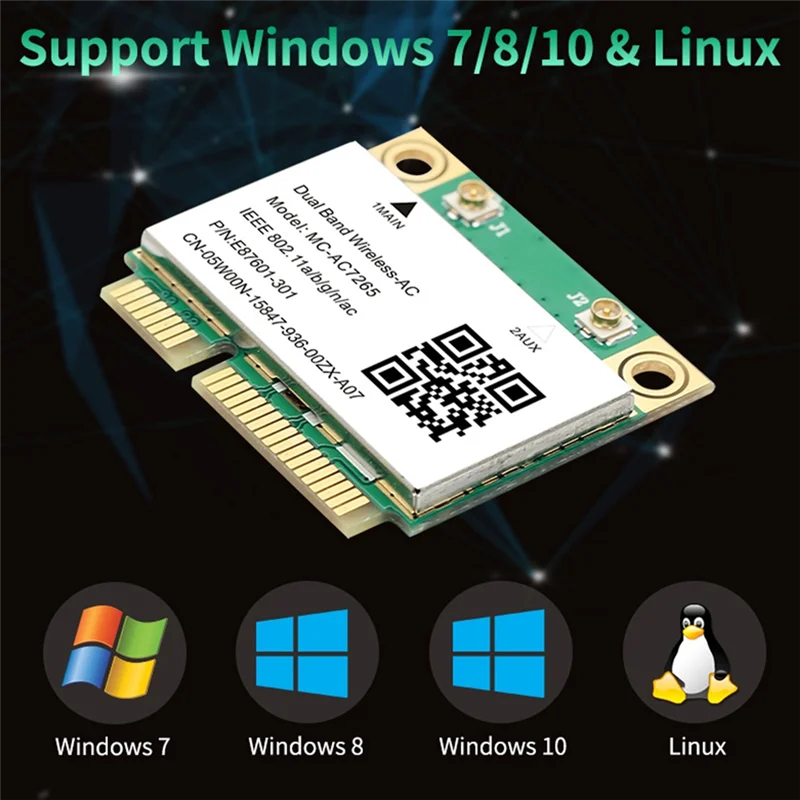 ミニPCI-E Wi-Fiワイヤレスデュアルバンドカード,Bluetooth 4.2,802.11ac,2.4g,5GHz,1200mbps,ノートブックアダプター,ac7265