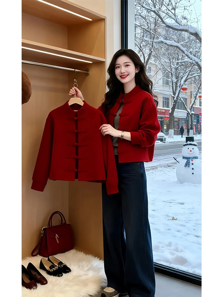 

Red New Year Chinese Sle Coat Women's Spring Autumn Loose Fit Casual Sle Long Sve Breathable Pure Color Button up Top