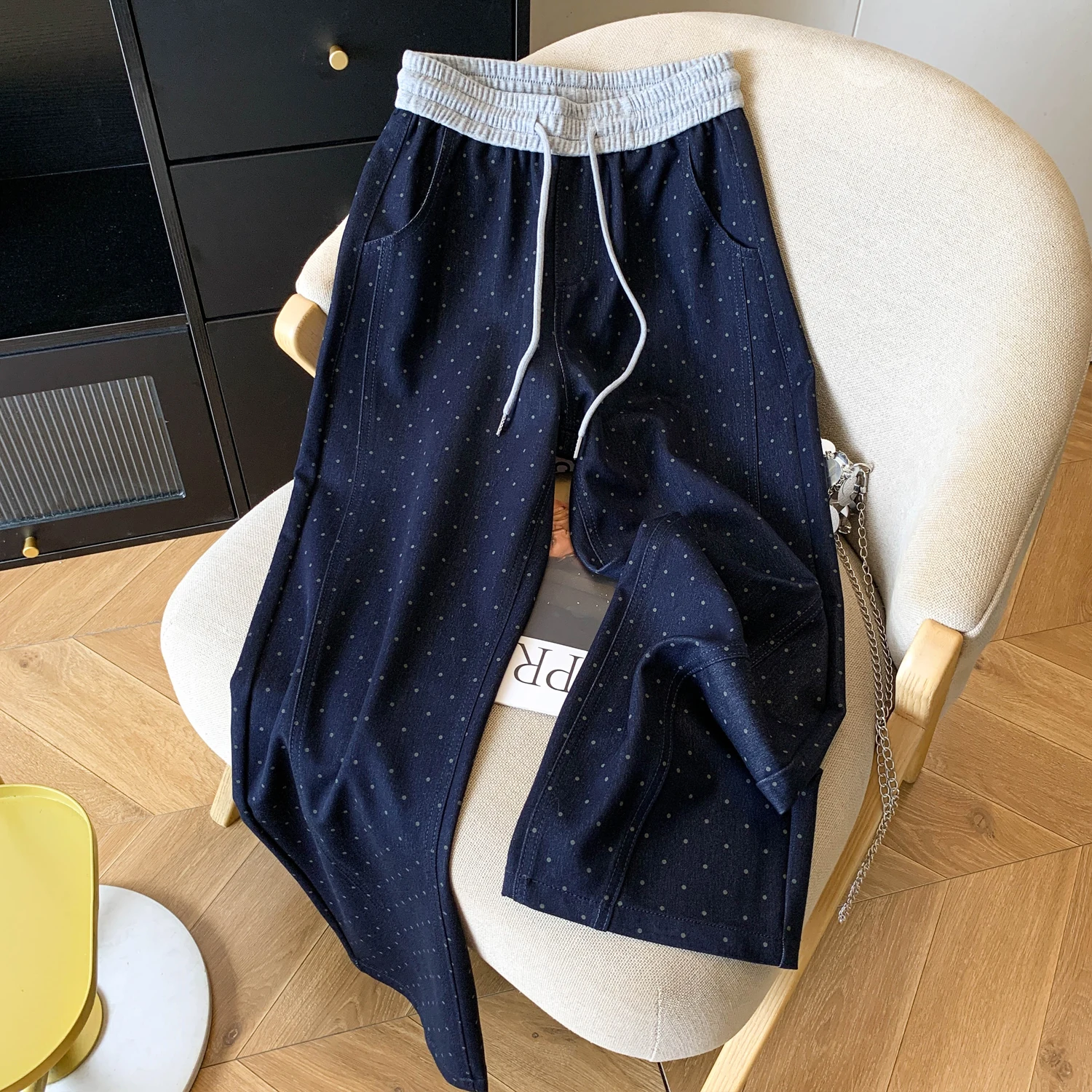 Casual High Waist Wide Leg Pants Women's Spring Autumn Plaid Pattern Silk like Fabric Straight Cut Multi Purpose Banana Knife