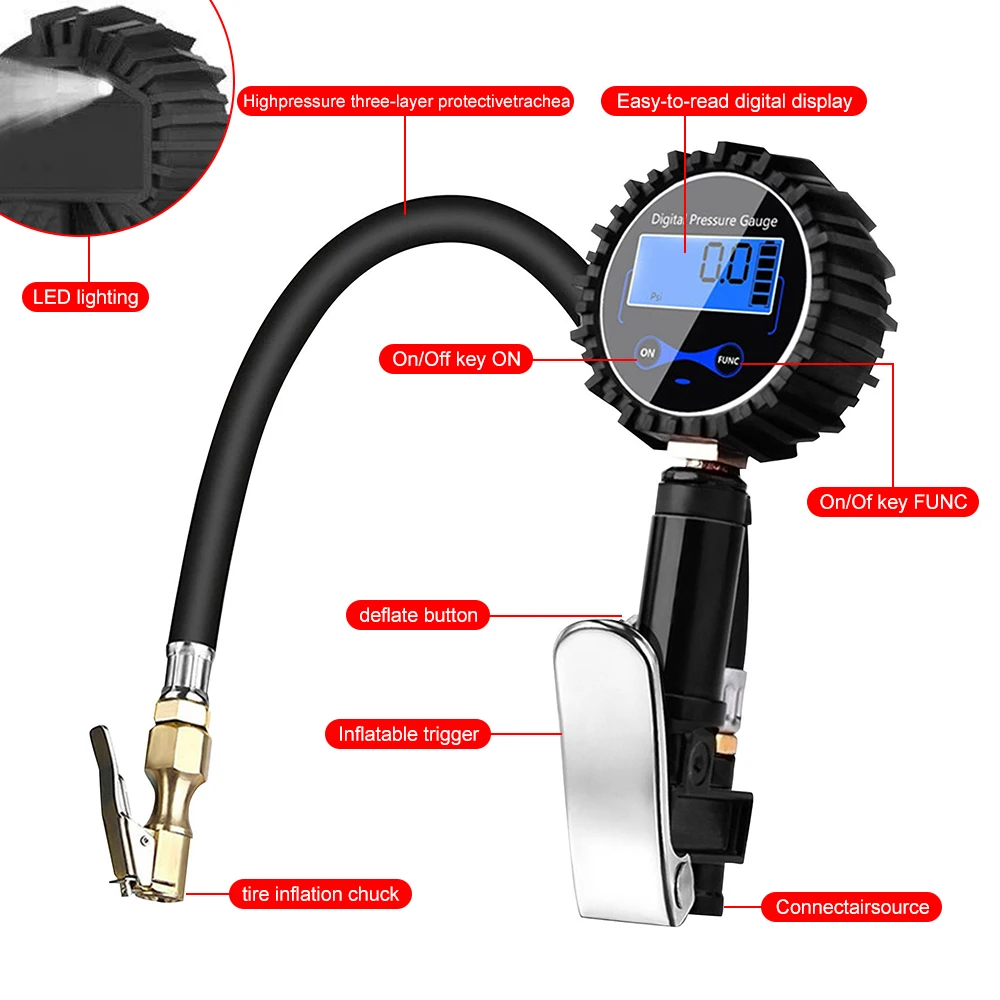 Universal LCD Digital Inflation Monitoring Manometer Tire Pressure Inflator Gauge Aluminum Alloy Air Line Clip-on Tyre Pump