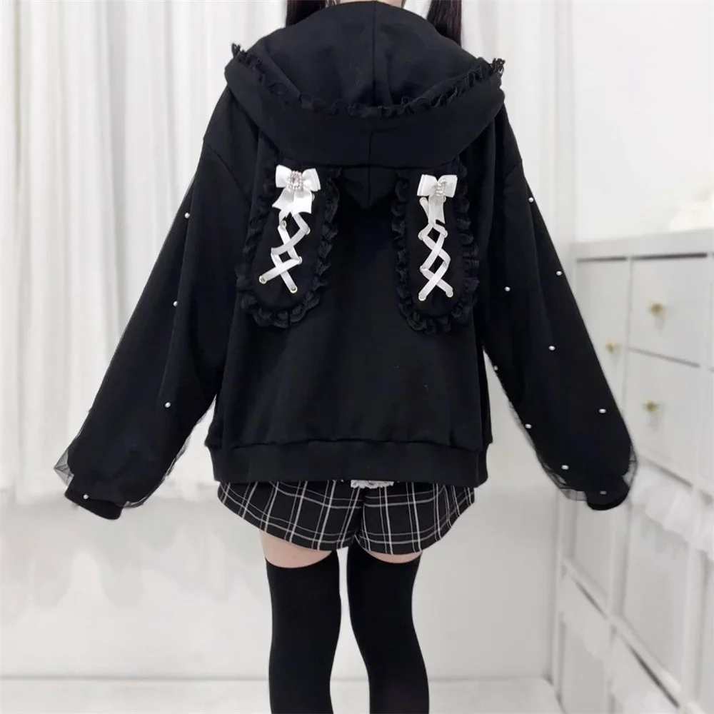 2025 Spring Sweet Cute Japanese Mine Loose Zipper Hoodie Coat Bunny Ears Hooded Lace-up Bow Pearl Decorative Long Sleeve