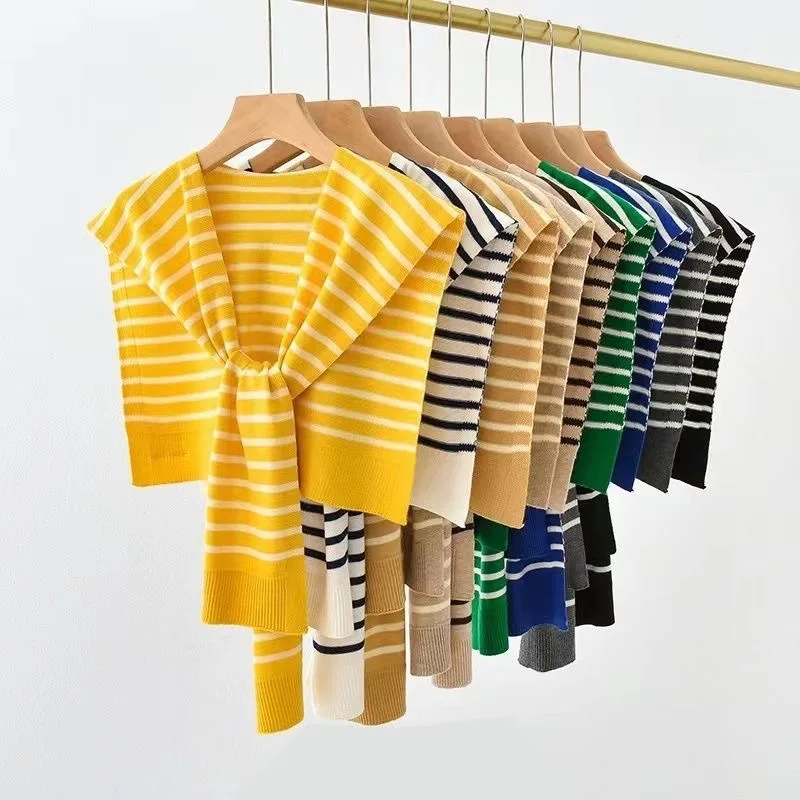 

Fashionable Spring Autumn Knitted Candy-colored Striped Shawl Female Blouse Shoulders Fake Collar Cape Knotted Scarf for Women