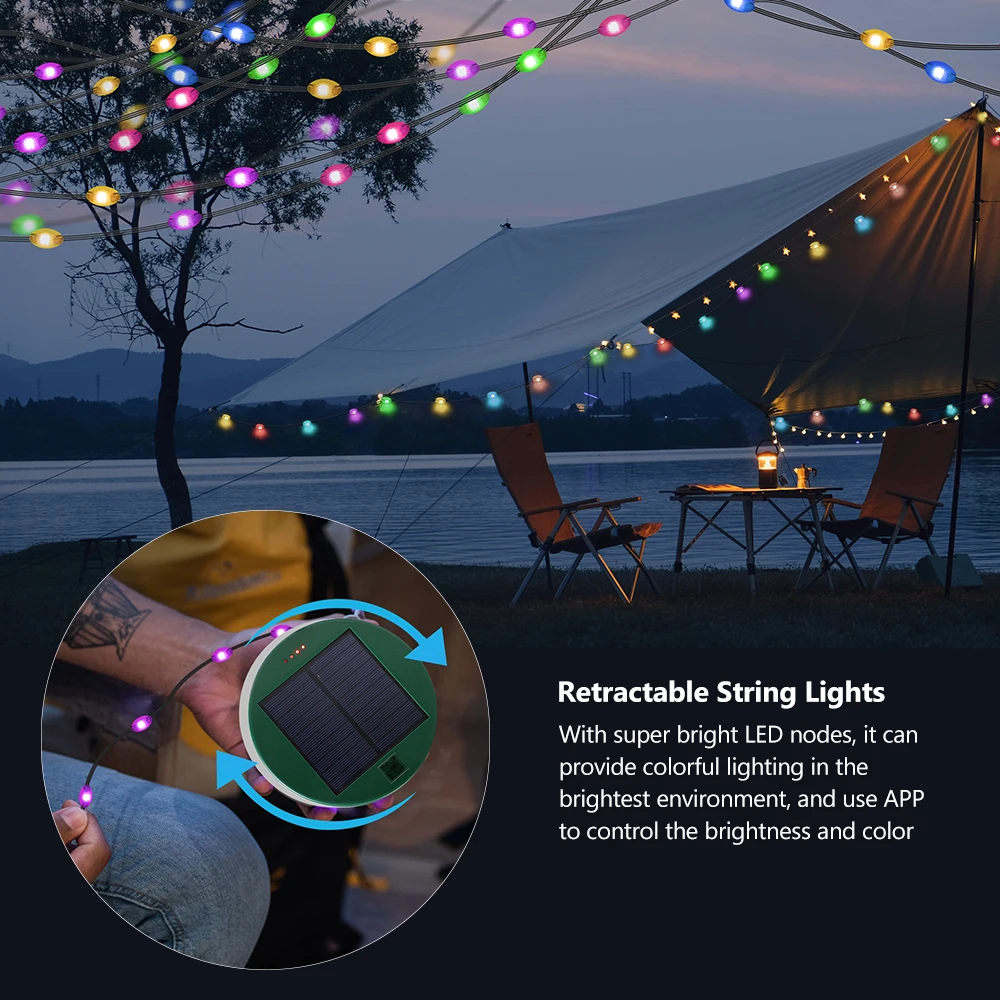 Imagem -05 - Camping Solar String Lights Smart App Control Recarregável à Prova Dágua Carregamento Móvel Emergência Tenda Rgb Luz Noturna