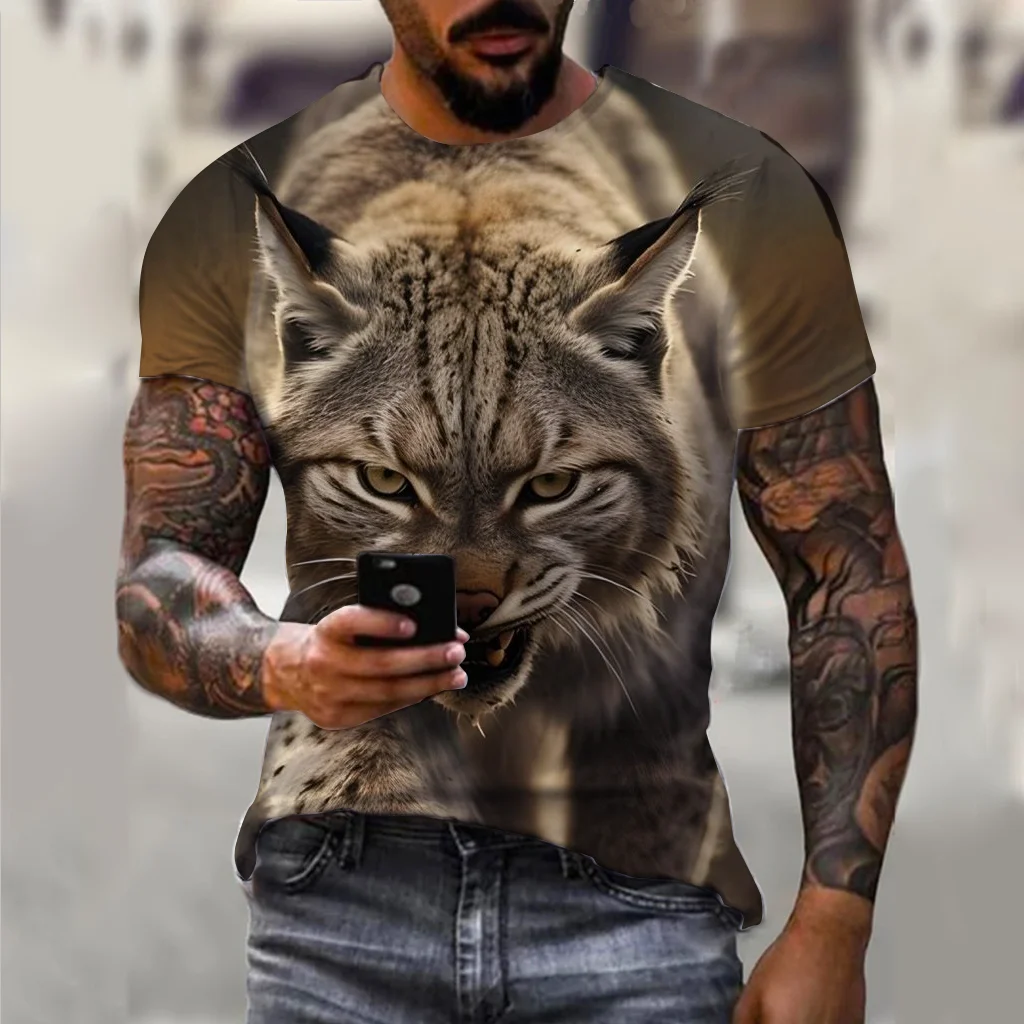 2024 summer new men\'s summer men\'s casual t-shirt 3d printed lynx bobcat print unisex short-sleeved fashion trend home wear