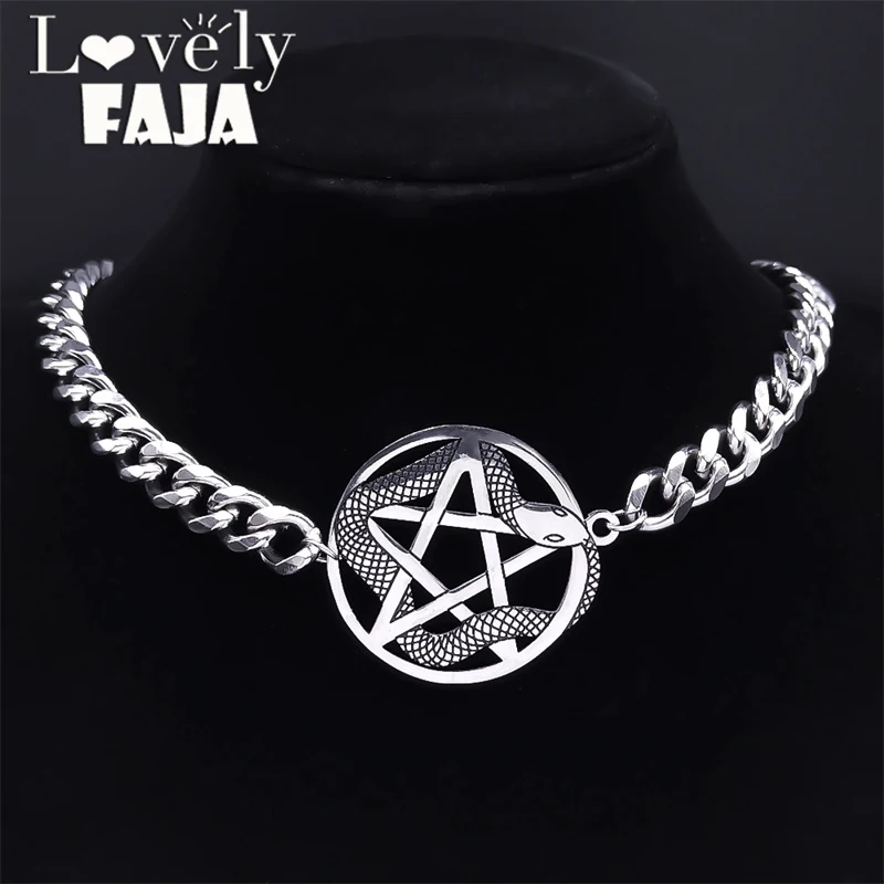 Gothic Witchcraft Satan Pentagram Snake Necklace Hip Hop Punk Stainless Steel Cuban Chain Choker Pentacle Necklaces Jewelry N364