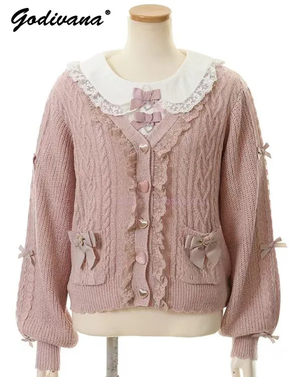 

Ribbon Lace Rhinestone Bow Love Button Twist Knitted Cardigan Female Girls Autumn Winter Japanese Sweet Sweaters