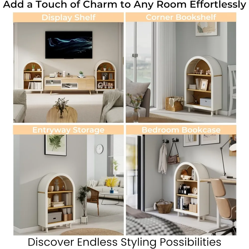 خزانة كتب منحنية، خزانة كتب قصيرة مقوسة صغيرة مع أرفف خزانة تخزين من 3 طبقات، حافظات عرض خشبية مفتوحة للمدخل، موديل