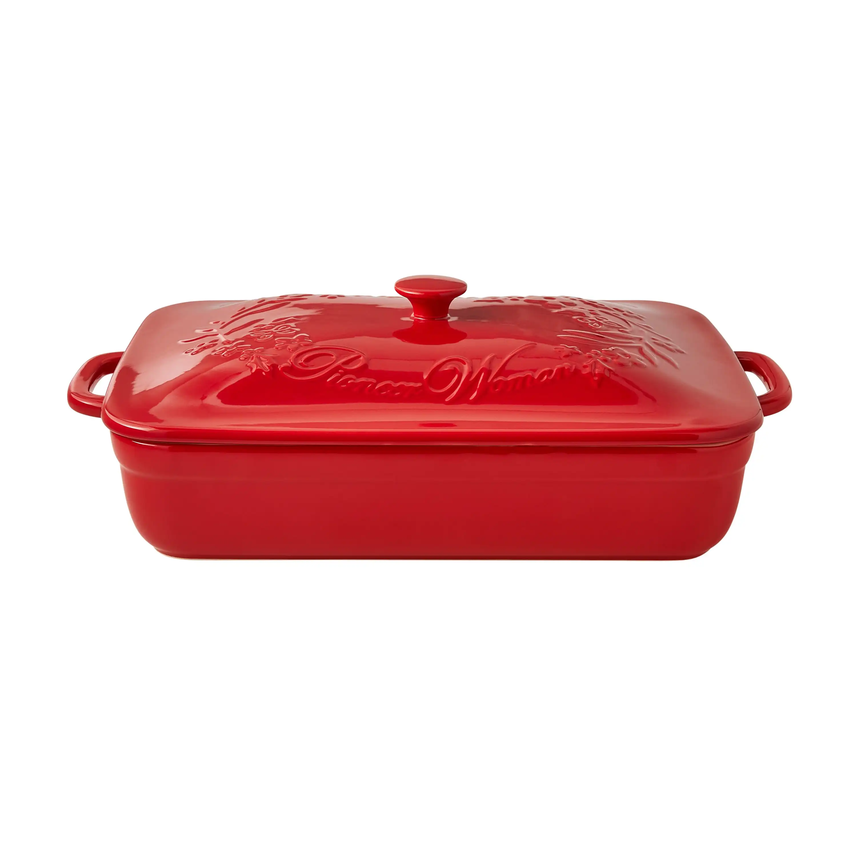 

Fancy Flourish Rectangular Stoneware Casserole with Lid, Red
