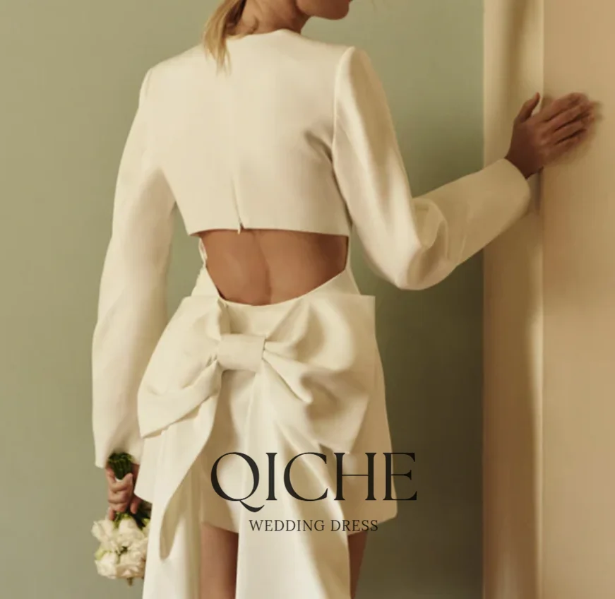 QICHE Civil Wedding Dresses Mini Gown for Bride Customized Long Sleeves V-Neck Wedding Prom Dress with Bow Customzied Party Gown