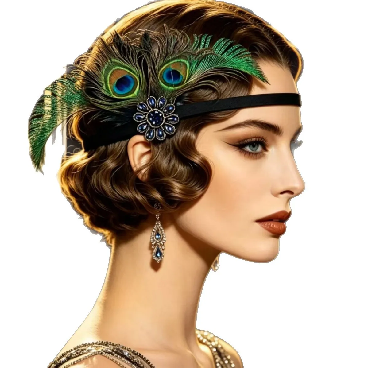 Diadema de plumas de pavo real estilo años 20 con acento de flor de diamantes de imitación vintage, accesorio para el cabello para fiesta Gatsby, disfraz para mujer