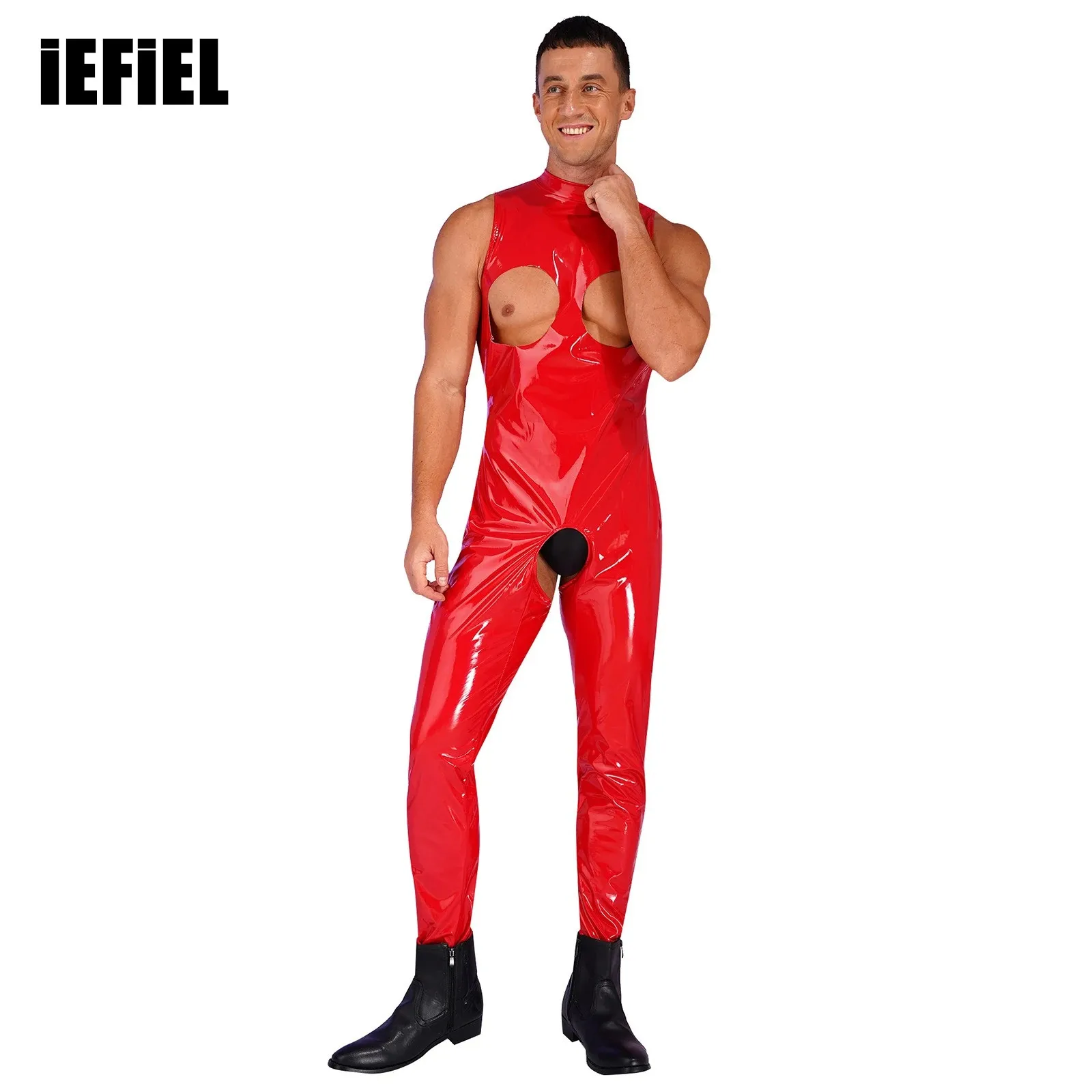 

Mens Open Cups Glossy Patent Leather Crotchless Bodysuit Mock Neck Sleeveless Skinny Jumpsuits Clubwear