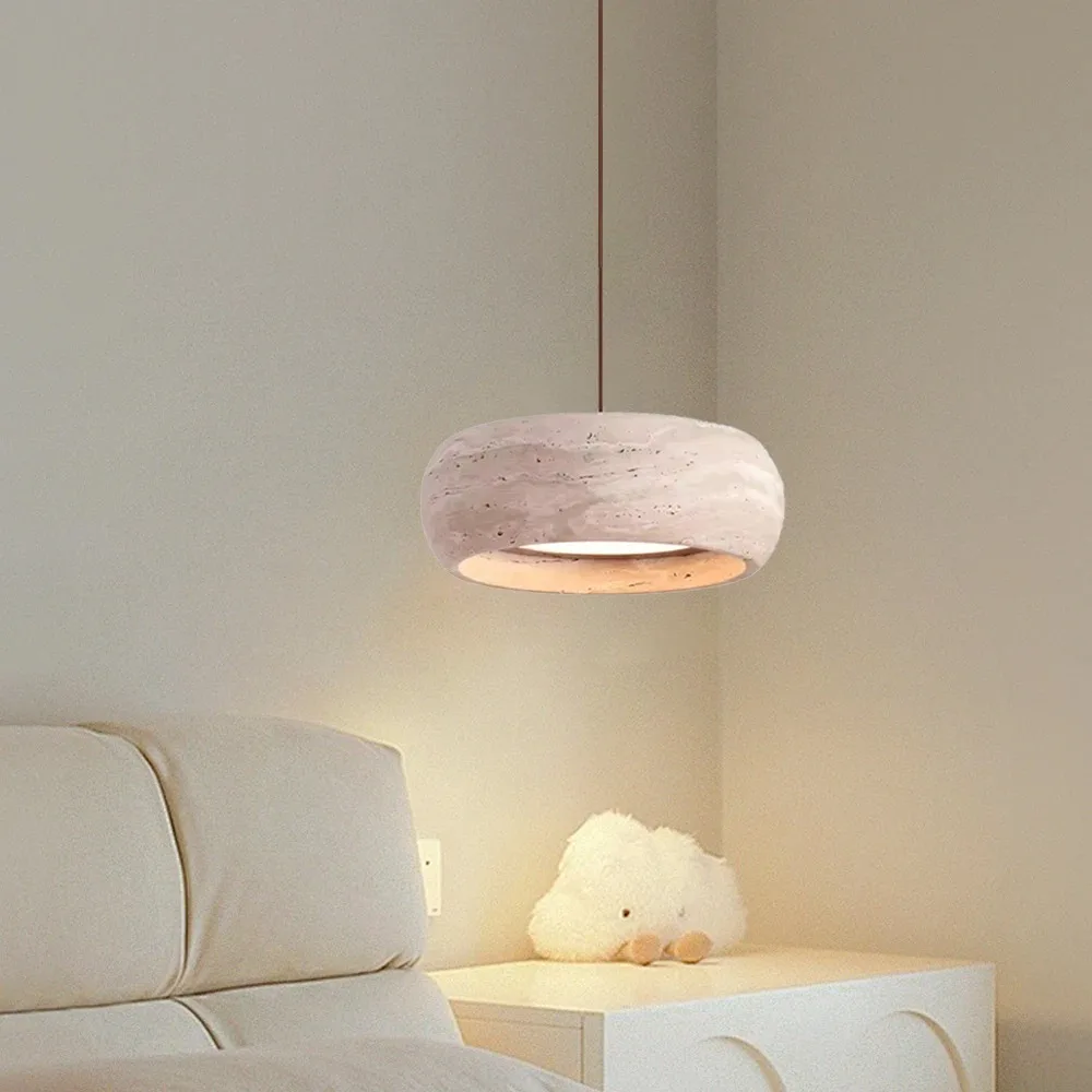 

Natural Stone Pendant Lamp Modern Travertine Pendant Light LED Round Restaurant Beside Chandelier Home Decor Long Wire Lighting