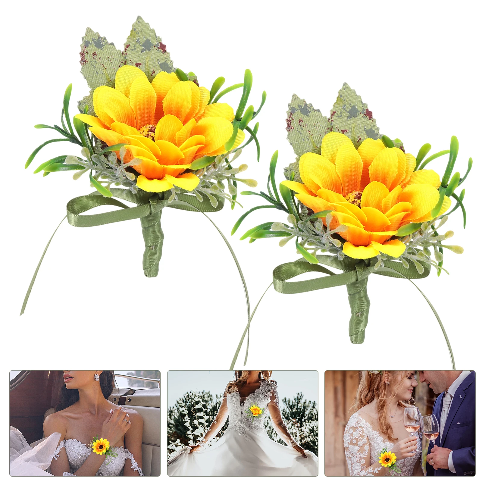 

Sunflower Wrist Wedding Dress Accessory Artificial Green Silk Bridegroom Simulation Flower Brooch Realistic Bridal Corsage