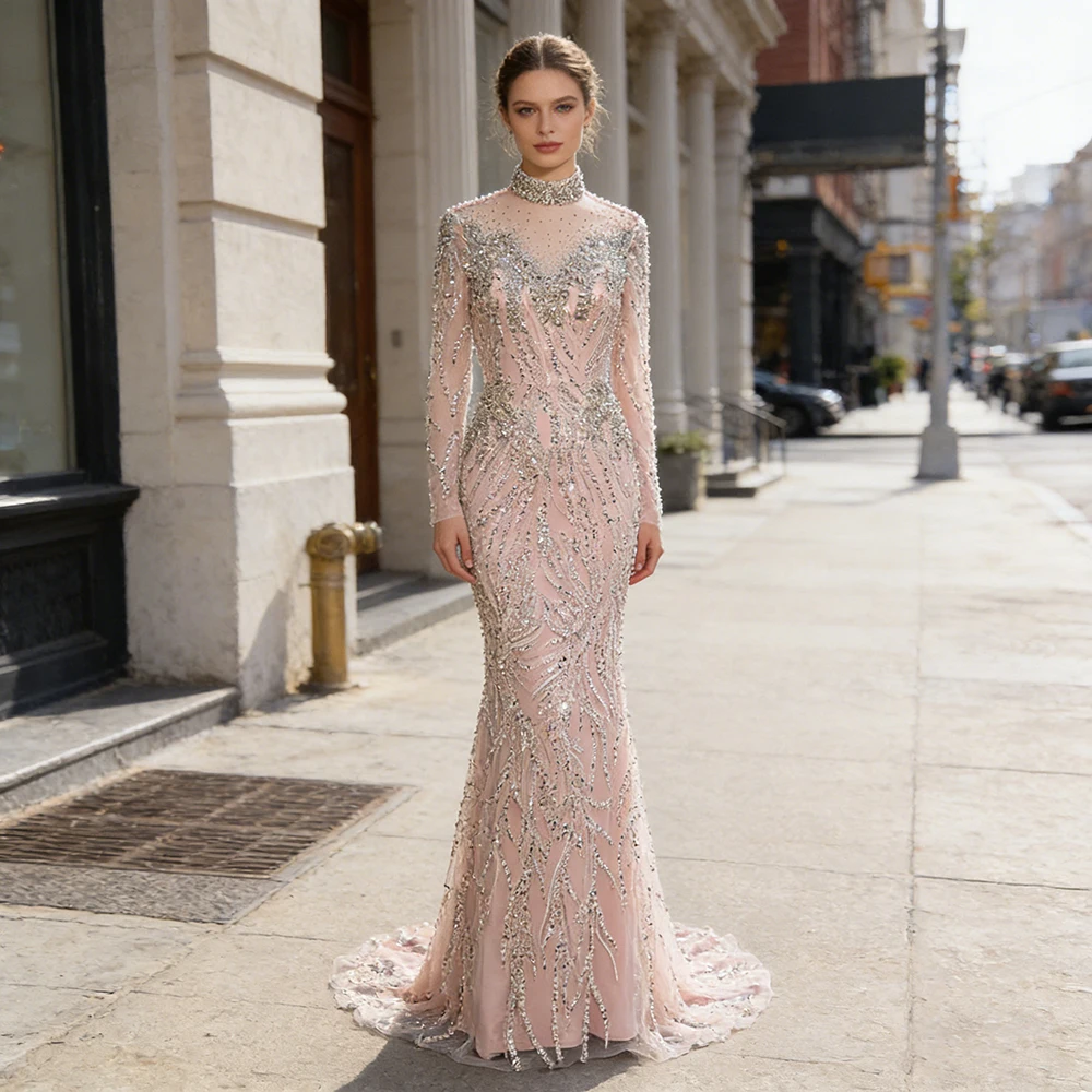 

Alinovia Muslim Bead Evening Dress for Women 2025 Luxury High Neck Long Sleeves Mermaid Formal Wedding Party Gown Customized