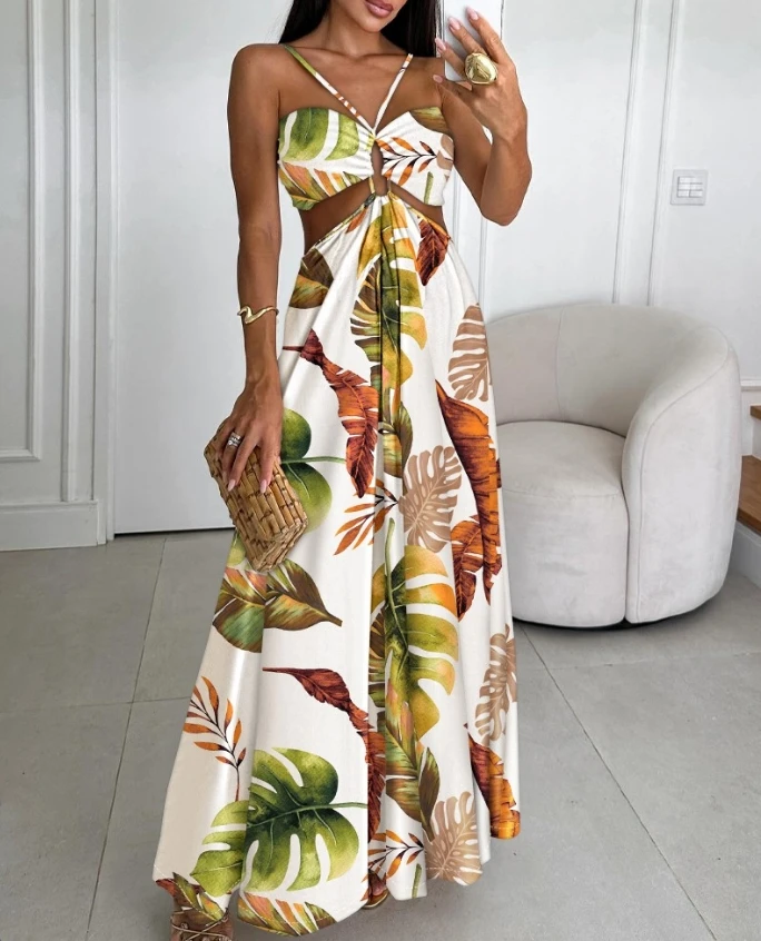 

Women Beach Dress 2024 Spring Summer Latest Asymmetric NeckSleevePlants Print Backless Maxi Dress Hollow out Vacation Long Skirt