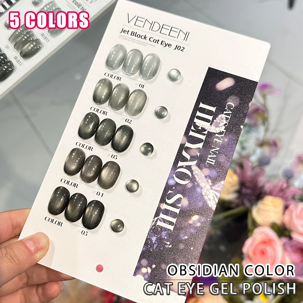 Vendeeni 5 Farben/Set Schwarzer Kristall-Katzenaugen-Gel-Nagellack Magnetischer UV-Soak-Off-Gel-Lack Obsidian-Katzenaugen-Gel mit Display – Detail 3