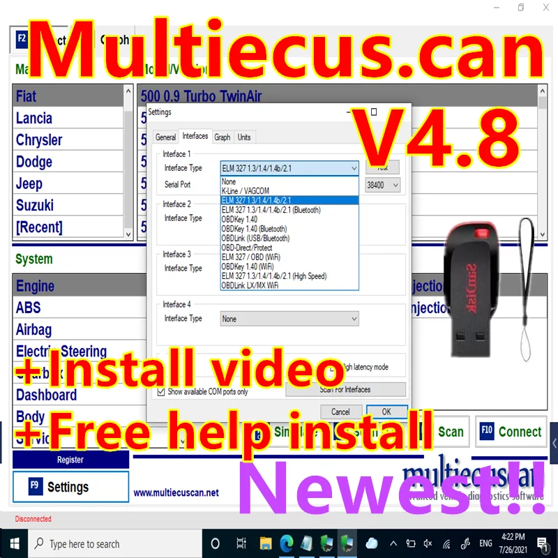 2023 hot sell Multiecuscan V4.8 For Fiat/Chrysler/Dodge/Jeep/Suzuki Scanner Software 4.8 Work With ELM327 / OBD II Diagnostic