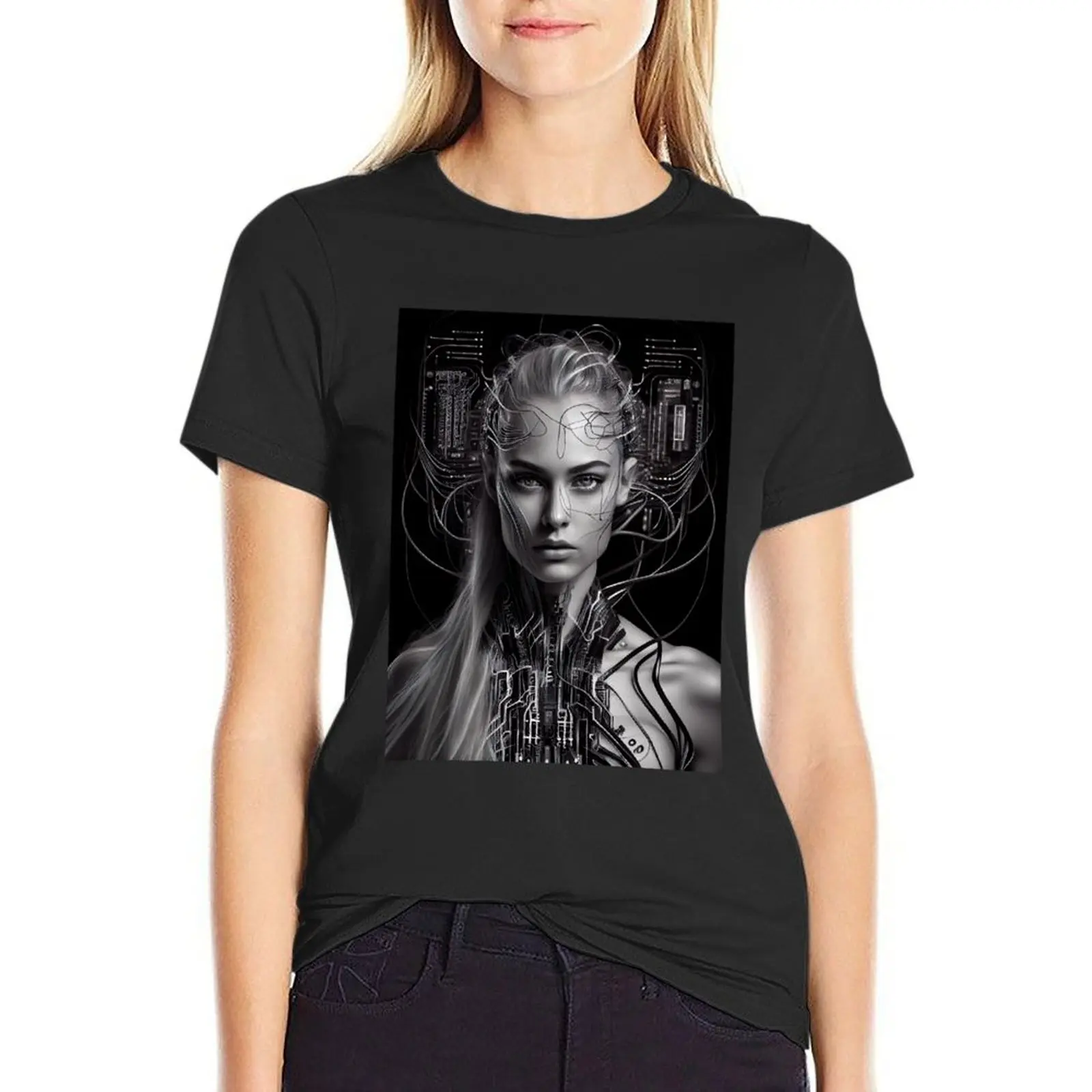 AI Art Cyborg Woman #02 T-Shirt hippie clothes cute tops funny customs black t shirts for Women