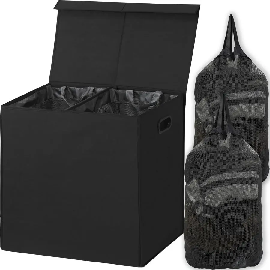 

Double Laundry Hamper with Lid and Removable Bags, Black
