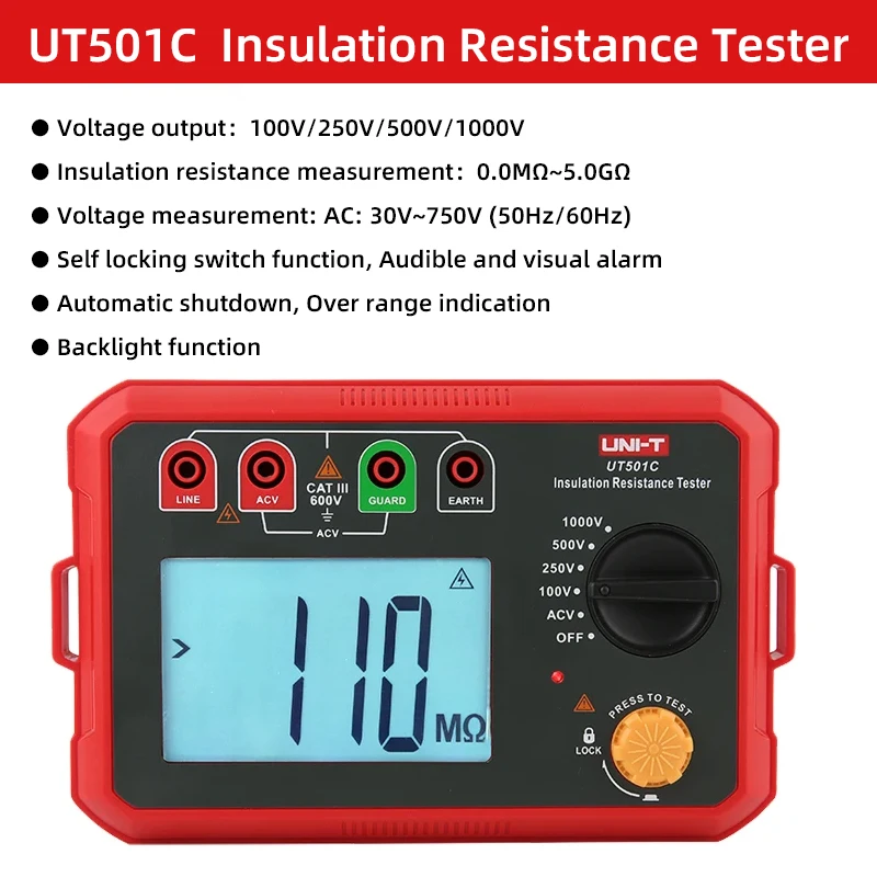 UNI-T UT501A UT501C UT502A UT502C Insulation Resistance Tester Megohmmeter 1000V 2500V Ohm Meter Megometer Digital Ohmmeter