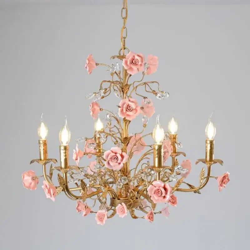 

Art deco Colorful ceramic Rose LED Chandelier lamp for dining room Vintage Pink red Restaurant Kitchen Home LED Candle lighting