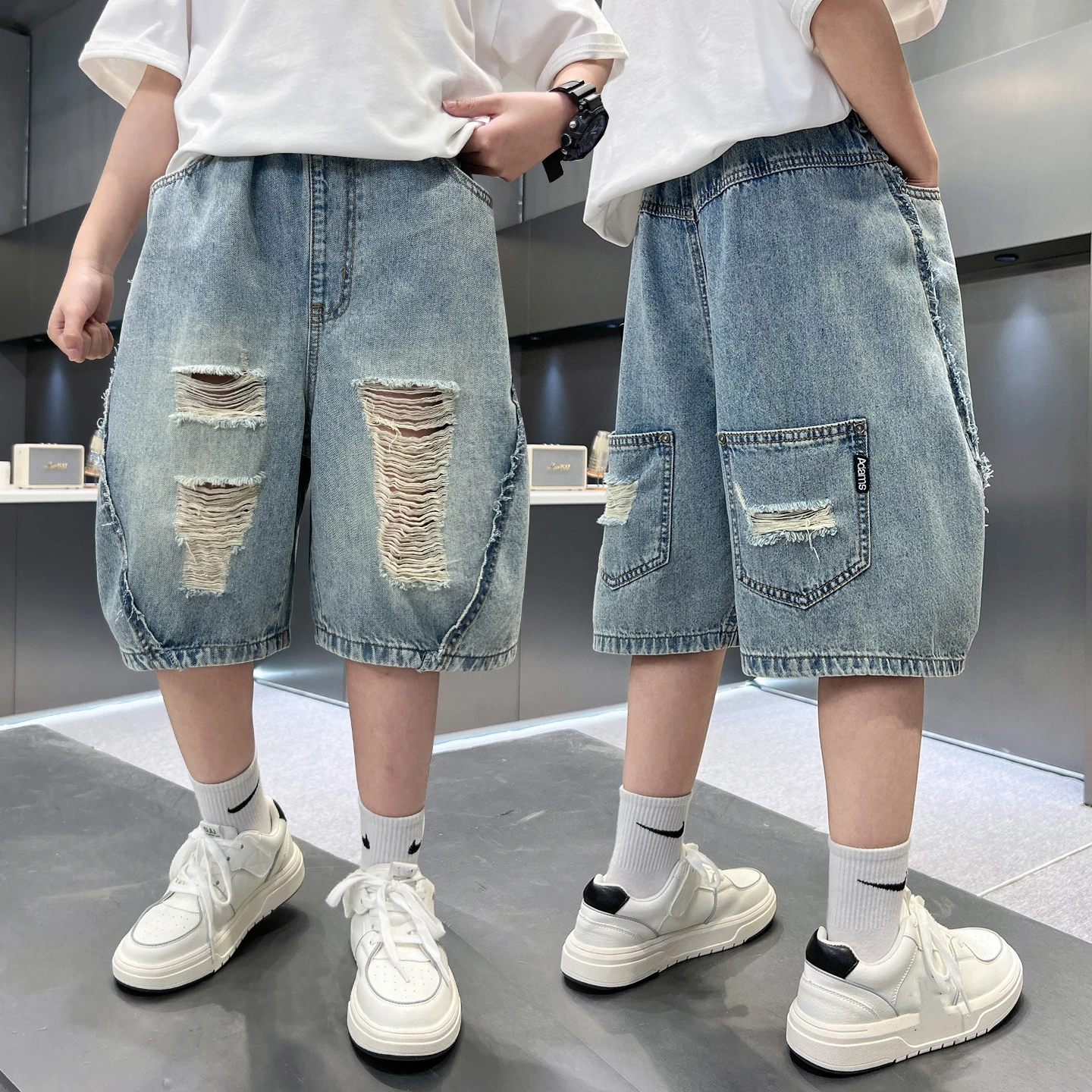 Summer Teen Boys Ripped Hole Denim Shorts Fashion Solid Color Pocket Thin Jeans Pants For 4-14 Years Kids Child Casual Trousers