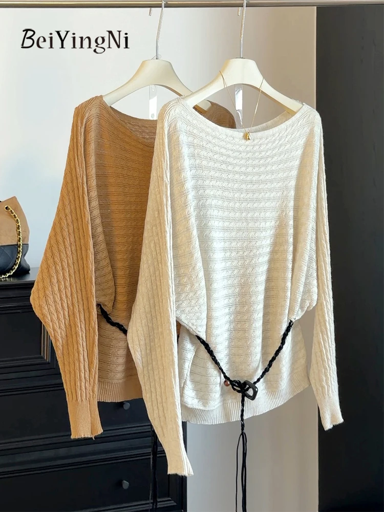 Beiyingni Autumn Winter Fashion Slash Neck Sweater Women Retro Style Loose Female Pullover Solid Color Hollow Commute Sweaters