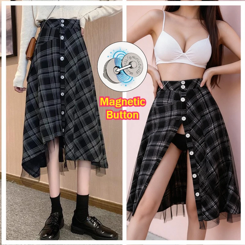 Woman Magnetic Button Take Off Easy Plaid Skirts Couple Outdoor Exposure Play Dress A-Line High Rise Clubwear Revealing Clothing