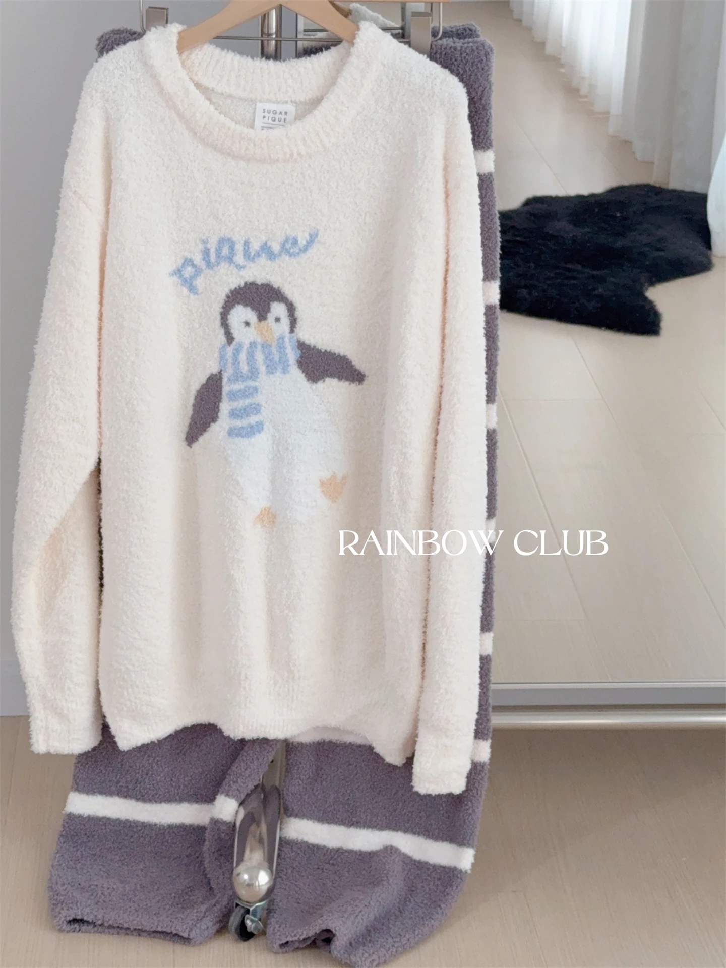 الرجال والنساء زوجين نمط أفخم الخريف الشتاء Homewear الحلو لطيف فتاة جولة الرقبة طويلة الأكمام فضفاضة عارضة يمكن ارتداؤها بيجامة مجموعة