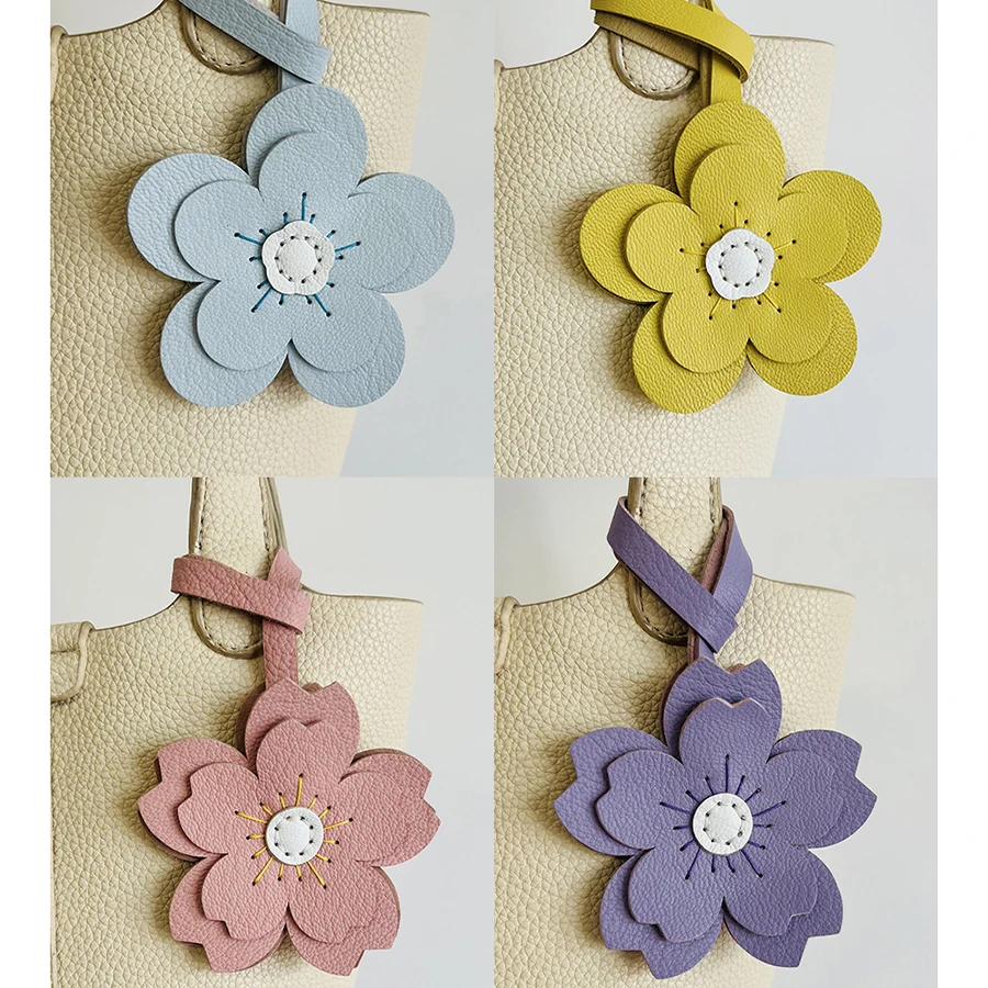 Multi-color Cowhide Leather Sunflower Bag Pendant Contrasting Cartoon Five Petal Flower Keychain Fashion Car Keyring Bag Charm