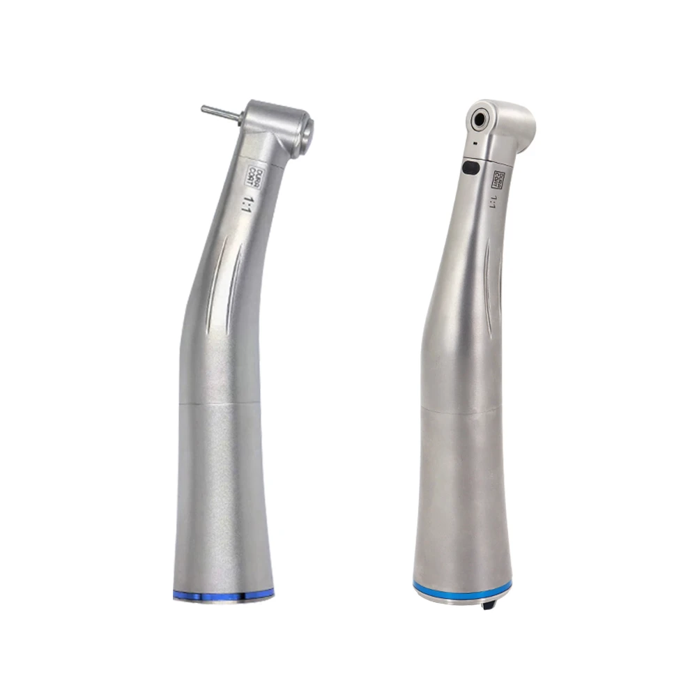 Dental 1:1 LED Fiber Optic Handpiece Internal Water Spray Contra Angle Push Button Chuck Blue Ring Low Speed Handpiece