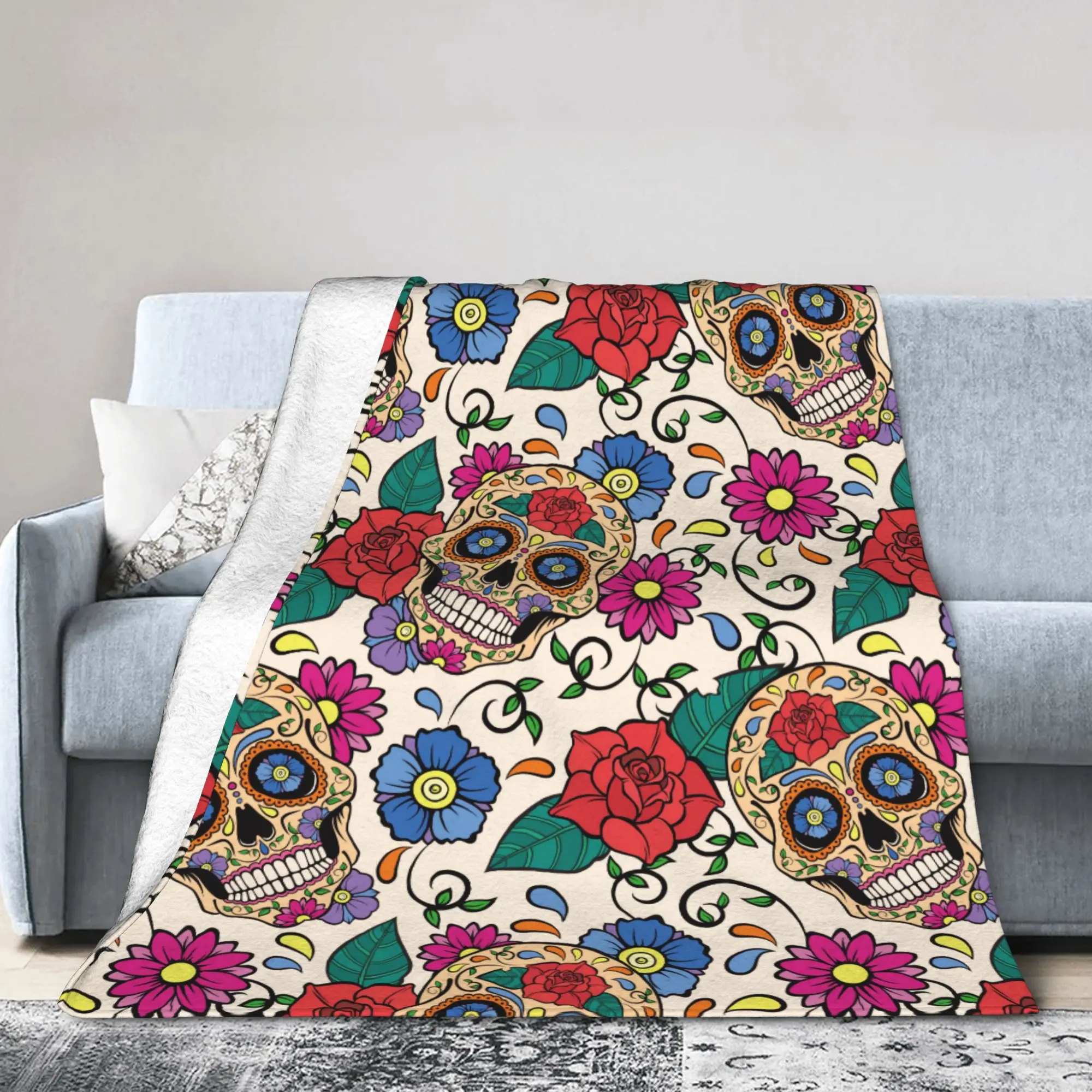 Sugar Skull Rose Mexican Skeleton Fleece Throw Blanket Day of the Dead Halloween Blanket for Bed Travel Soft Plush Thin Quilt
