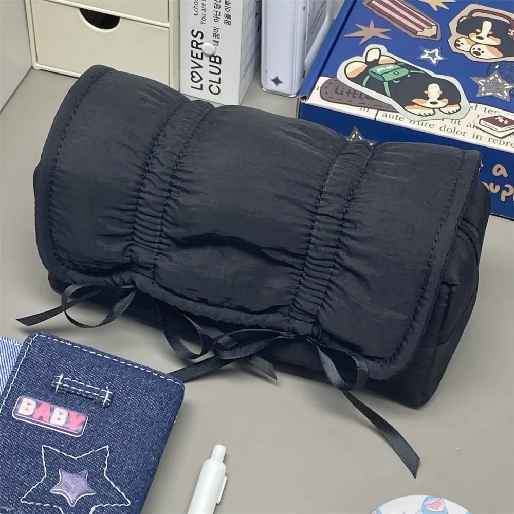 INS Bow Drawstring Pen Bag Large Capacity Multi-functional Solid Color Pencil Case Organizer Ballet Style Stationery Storage Bag