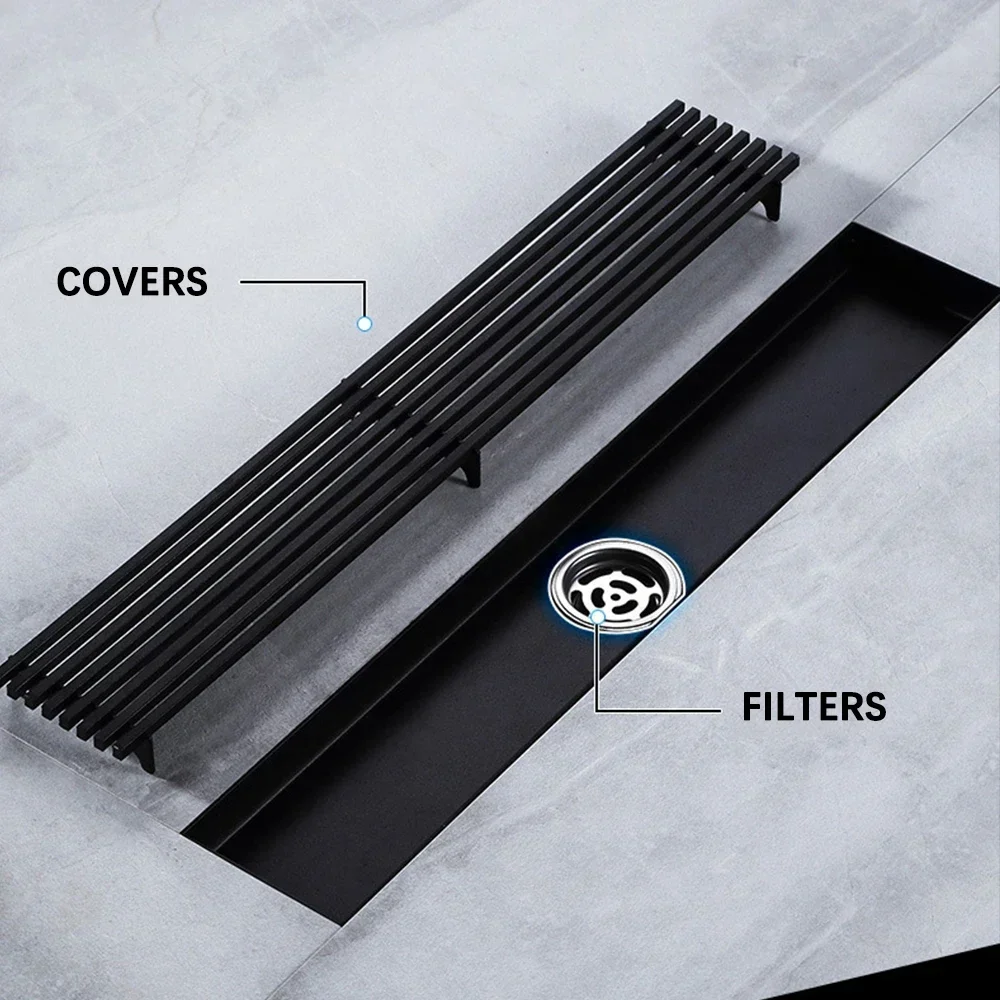 

Solid Stainless Steel Long Line Floor Drain 10-100cm Black Drainage Hardware Bathroom Balcony Floor Waste Drain