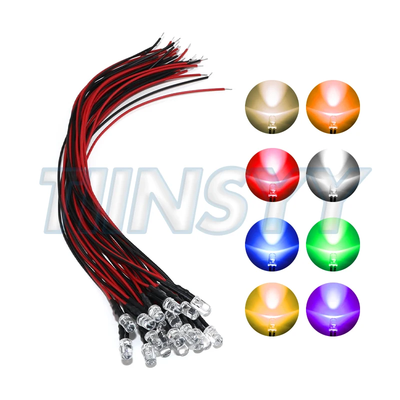 20pcs 5mm Round LED Diode DC5V-12V Pre-Wired Water Clear Light Emitting Diodes Red Green Blue White Yellow Orange Purple