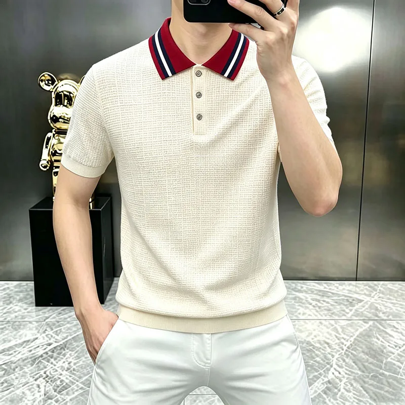 Smart Casual Luxury Men's Polo Shirts Short Sleeve Contrast Color Summer Quality Viscose Blend Stretchy Knitwear Polos De Hombre