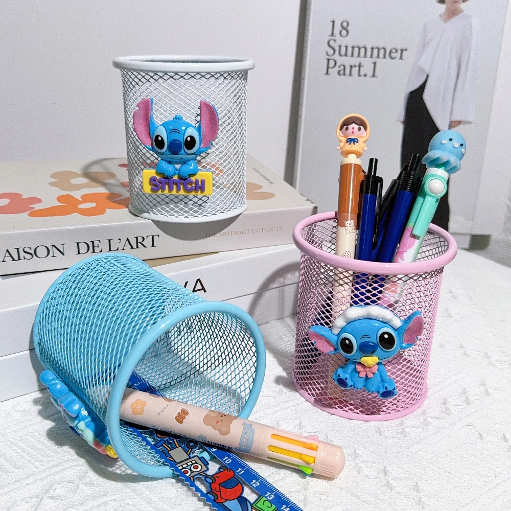 Cartoon Three-Color Stitches Metal Pen Holder Cute Stationery Storage for Study Fan Gifts Birthday