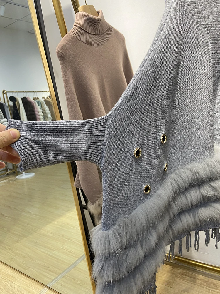 Donne autunno vera pelliccia di volpe colletto rovesciato lavorato a maglia Oversize maglione grigio mantello vera pelliccia di volpe solido mantello lavorato a maglia