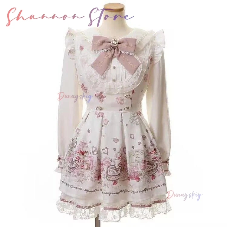 Japanese Lolita Dress Women Bow Shorts Dress Set Sweet Long Sleeve Printed Vintage Dresses Party Kawaii Cosplay Y2k Outfits - view 5