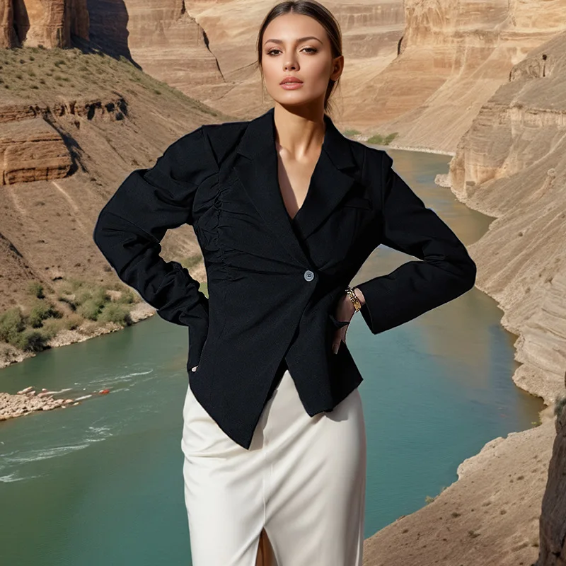 Irregular Silhouette Pleated Blazer Jacket Single Button Black Suit Coat Back Split Elegant Fashionable New Outerwears for Women