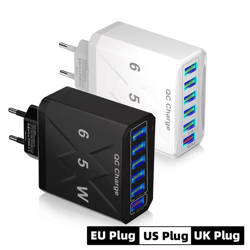 65W 6 Ports USB Charger Fast Charging Phone Charger Power Adapter For iPhone Samsung Xiaomi EU/US/UK