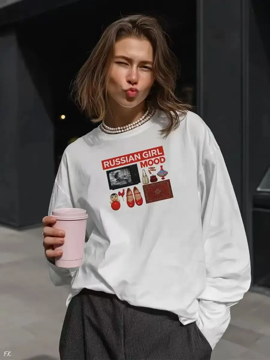 

Russian Girls Print High Quality Cotton Graphic T Shirt Sweatshirt Women 2025 Autumn Long Sleeve T Shirt Russian Streetwear New