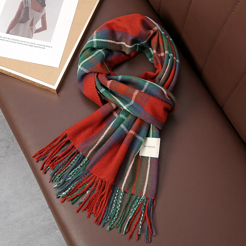 Winter Plaid Scarf Design Women Cashmere Pashmina Warm Shawl Lady Wrap Tassel Scarves Knitted Men Foulard Thick Blanket 2024